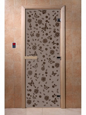 картинка Дверь  "Цветы и бабочки черный жемчуг матовая" для бани и сауны