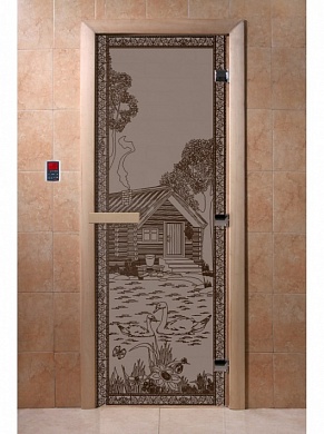 картинка Дверь  "Банька в лесу черный жемчуг матовая" для бани и сауны